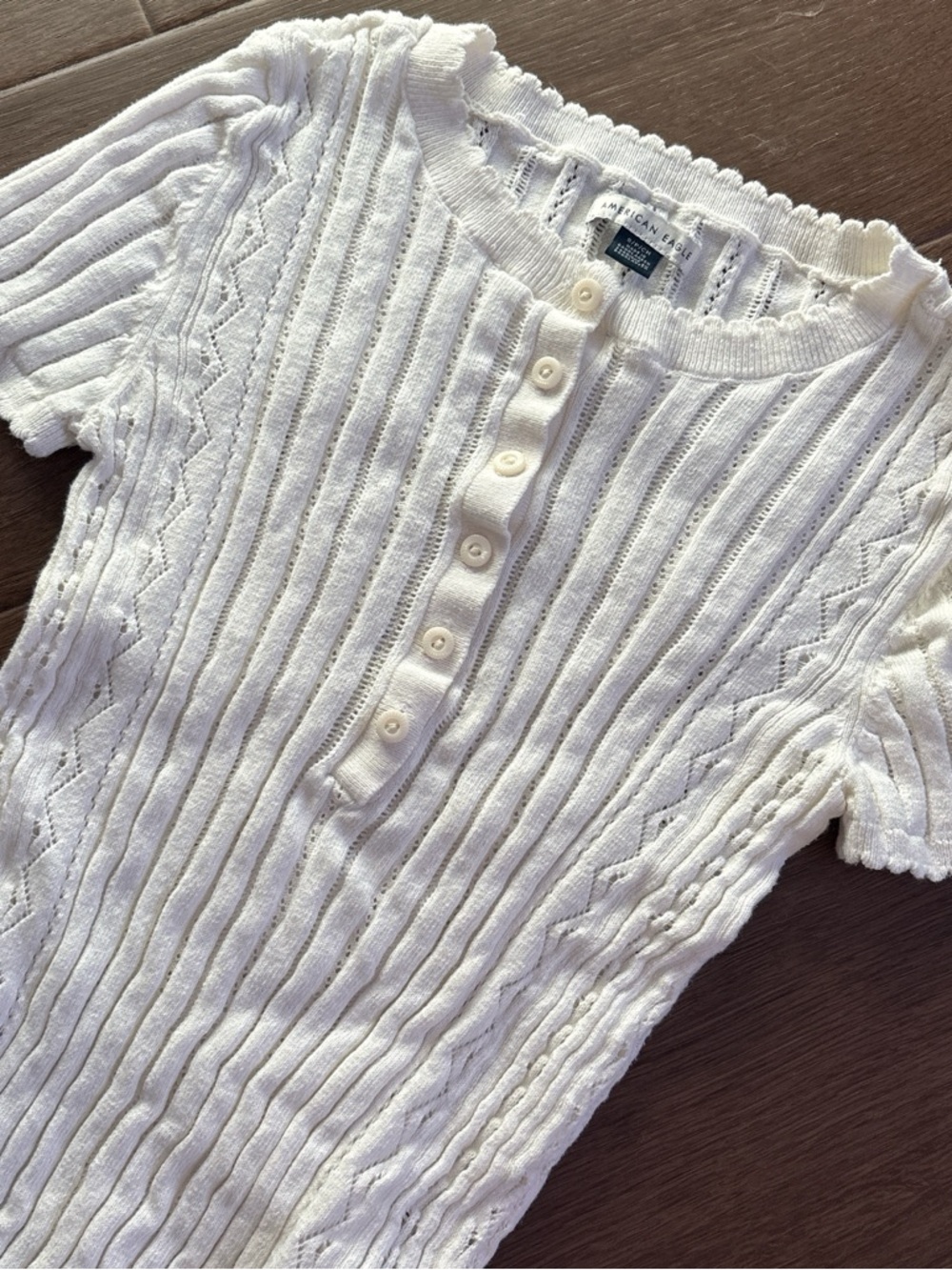 American Eagle Ribbed Knit Button-Front Short Sleeve Top - White